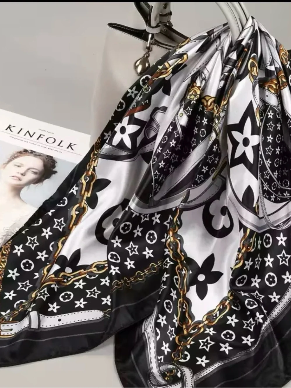 Silky Black & White Chain Print Scarf